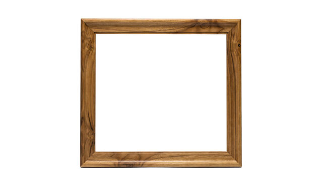 Square mirror with a natural brown wooden frame and visible grain texture isolated on a transparent background