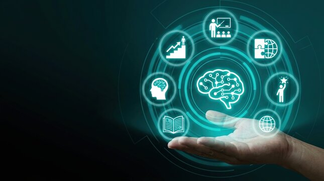 AI education, cognitive technology, digital learning concept with brain interface and knowledge icons.