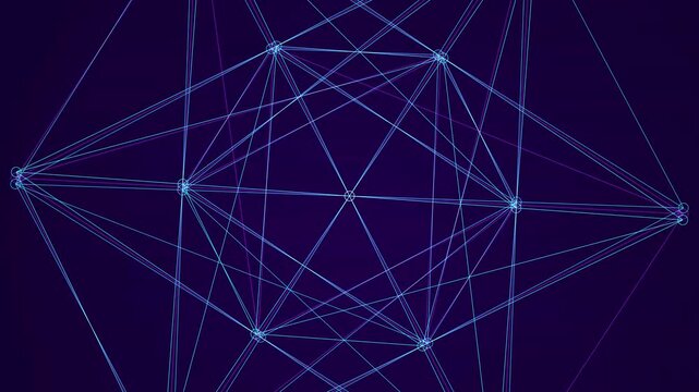 Glowing blue digital nodes and lines connecting in a complex geometric web for data network systems