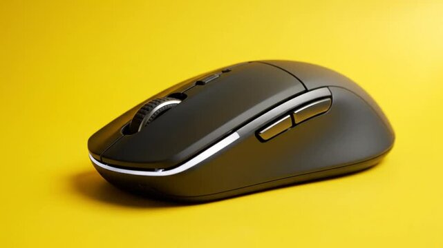 Black ergonomic wireless computer mouse with scroll wheel and buttons on vibrant yellow background