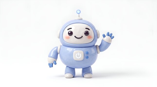 Cute blue robot character waving hello, friendly 3D toy bot mascot on white background, futuristic artificial intelligence assistant