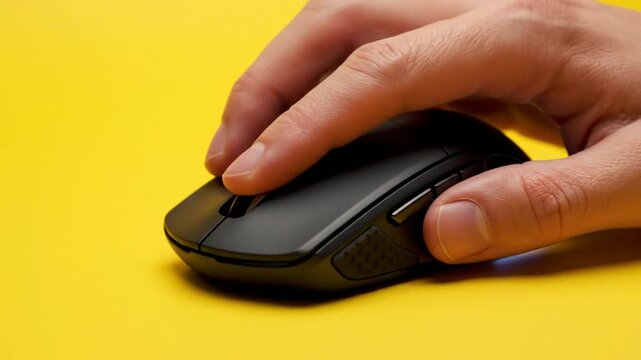 Black ergonomic computer mouse rolling the scroll wheel and removing from yellow background