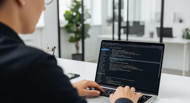 Developer coding on laptop in modern office space