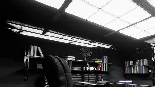 An office space shows a dark interior with a black chair and a fan. Shelves hold various folders and documents. Bright lights above illuminate the room slightly.