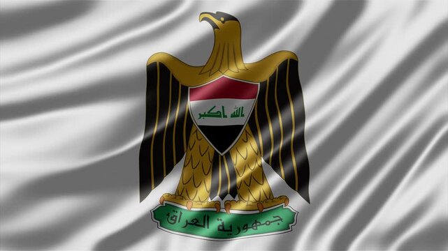Iraq national emblem displayed on rippling fabric background creating elegant motion animation clip for patriotic broadcast and digital design projects