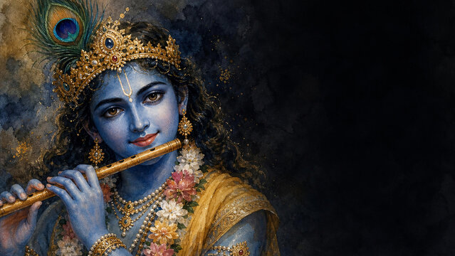 Lord Krishna playing a wooden flute with a peacock feather crown and floral garlands against a deep atmospheric setting