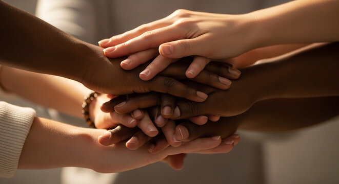 Diverse hands stacked together in unity and teamwork