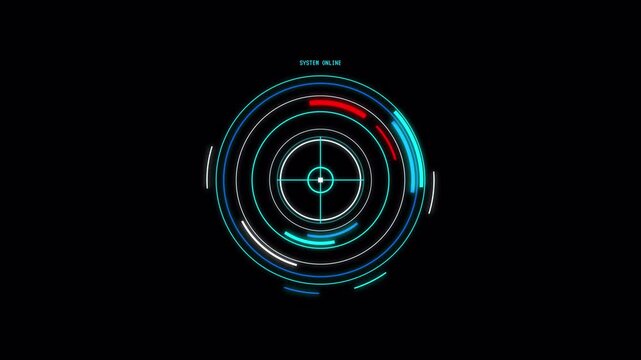 Futuristic HUD target scanning interface with rotating circular digital elements and data rings for sci-fi user experience motion graphics 4K animation