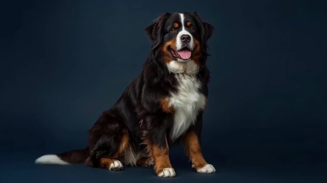 Bernese Mountain Dog Sitting Against Dark Studio Background with Gentle Happy Portrait Expression