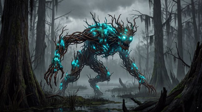 Glowing wood monster creature in dark foggy swamp