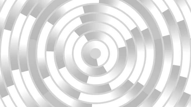 Modern tech background with rotating black and white concentric rings, 4k computer seamless graphic animation.