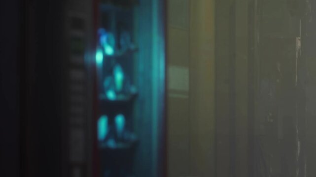 A vending machine stands in a dimly lit hallway. Soft blue lights from the machine illuminate the surrounding area. Shadows create an eerie atmosphere as the night progresses.