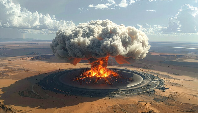 Nuclear explosion with a massive fire mushroom cloud in a barren desert wilderness under dramatic stormy skies