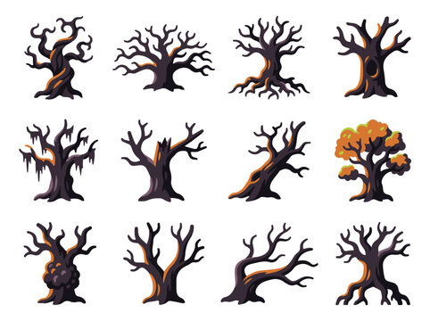 Halloween Premium, Spooky dead trees collection, 12 gnarled leafless tree vectors, creepy halloween forest silhouettes, dark twisted wood icons isolated PNG with Transparent Background