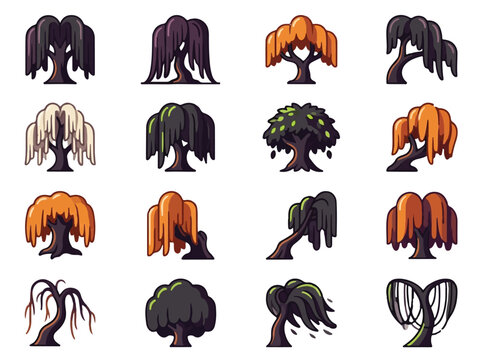 Halloween Premium, Stylized willow tree icons, collection of 16 vector nature symbols, autumn and spooky forest trees for game design isolated PNG with Transparent Background illustrator, Eps