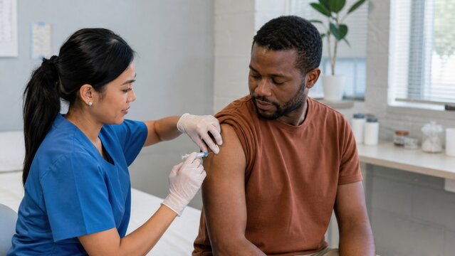 A nurse giving an adult a routine vaccination in a clean community clinic with no medical branding, tactile contextual close detail, for