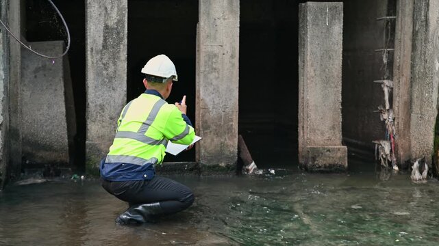 Engineer Recording Drainage Infrastructure Inspection Data in Flooded Culvert