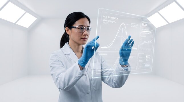 Female scientist analyzing holographic data visualization in a modern laboratory setting with protective eyewear