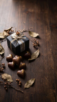 Valentine 253 Heart-Shaped Chocolates with Gold Leaf, Black Gift Box and Dried Leaves on Rustic Wooden Background（ヴィンテージ木製テーブル背景に置かれた金箔付きハート型チョコレート、黒いギフトボックス、ドライリーフ）