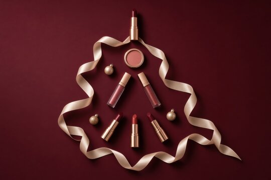 Luxury Christmas makeup flat lay featuring lipsticks, blush and makeup products arranged in the shape of a Christmas tree with an elegant champagne satin ribbon and gold ornaments on a deep burgundy b