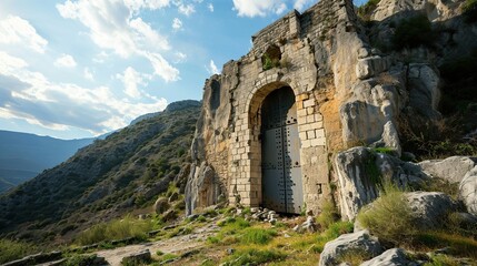 Naklejka premium Ancient stone ruin with arched doorway carved into cliffside overlooking a sweeping valley