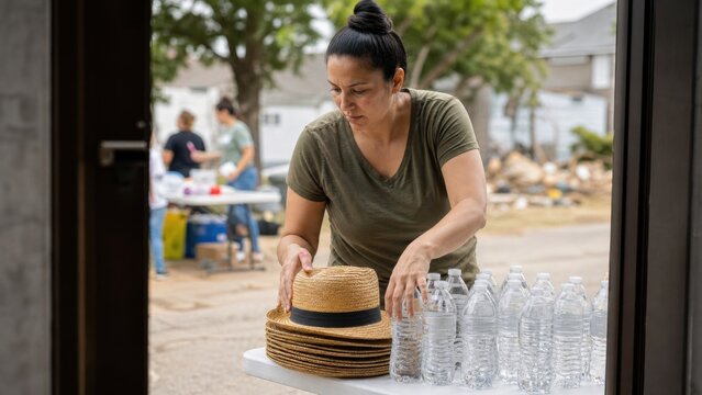 A volunteer preparing sun hats and water for an outdoor community event during hot weather, overhead editorial composition, for technology