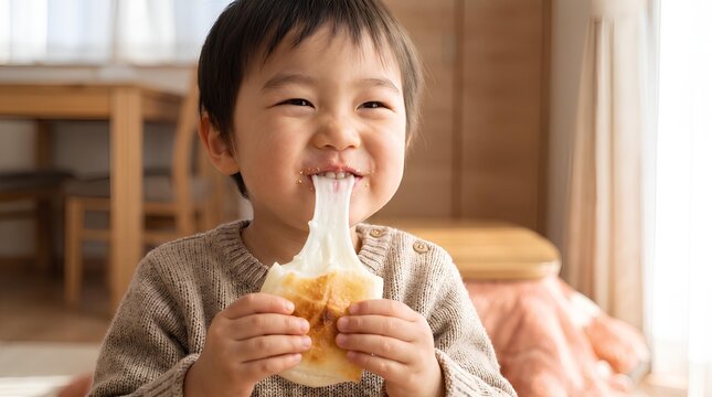 こたつで伸ばした焼き餅を美味しそうに食べる男の子