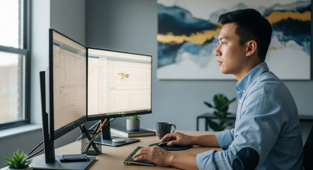 Fototapeta premium Focused professional working on dual monitors in office