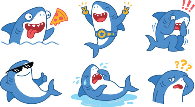 Cute Derpy Shark Character Set with Funny Expressions and Emotions for Cartoon Vector Illustration