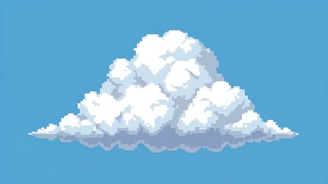 Pixel Art White Fluffy Cloud Isolated On Solid Blue Background For Retro Game Design