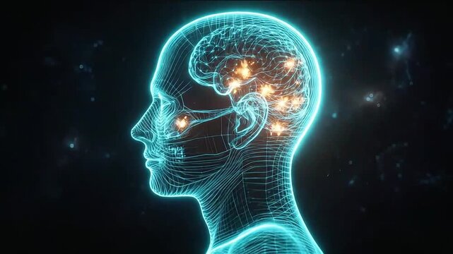 Digital wireframe illustration of a human head showing glowing brain activity and neural connections.