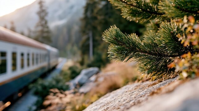 A scenic view capturing a train moving alongside a picturesque landscape of lush pine trees and rocky terrain, embodying the spirit of adventure in nature.