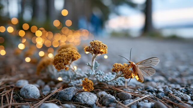 A close-up image of a butterfly resting on delicate flowers surrounded by bokeh lights, showcasing the beauty of nature and the tranquility of the outdoors.