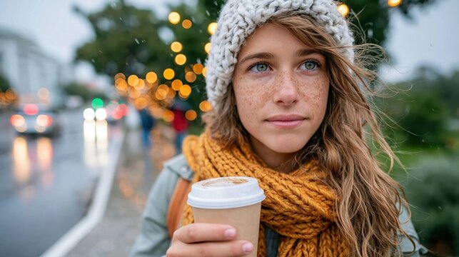 A young woman with natural freckles enjoys a warm beverage amidst a rainy backdrop, capturing the essence of cozy moments during wet weather in urban settings.