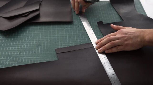 Craftsman cutting genuine leather with a ruler and utility knife on a special cutting mat in a workshop for tailoring goods
