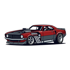 Naklejka premium Custom Red Hot Rod Muscle Car with Supercharger and Exhaust - Vector Illustration
