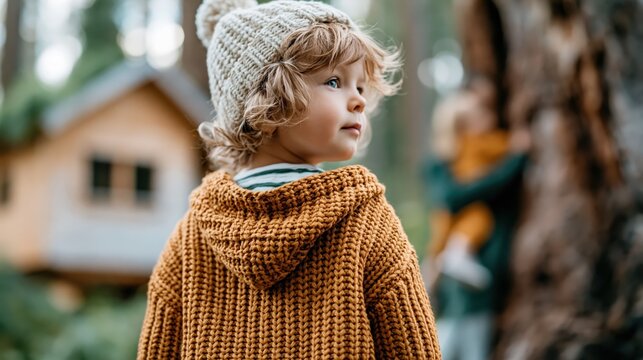 A young child wearing a warm knitted sweater and hat gazes thoughtfully into the distance in a serene forest environment, adding a sense of wonder and innocence.