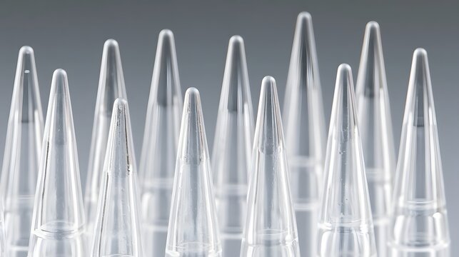 Array of transparent conical tips arranged in rows with shallow depth of field and soft gradient background