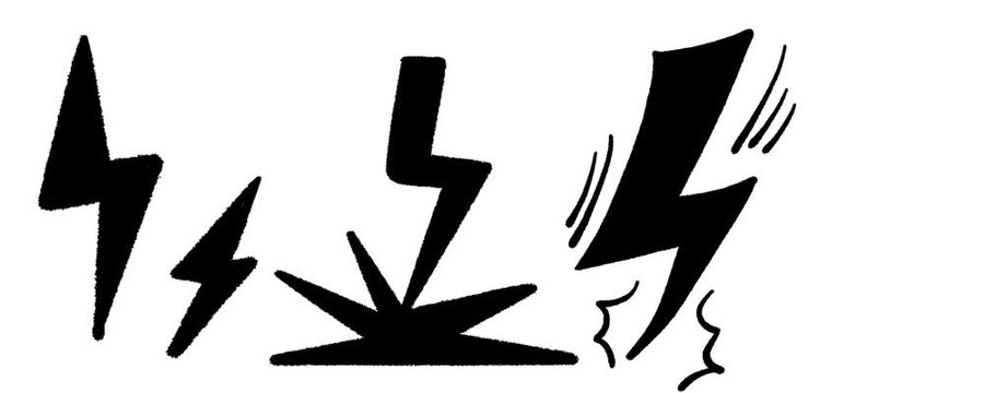 Animated hand drawn lightning bolt icon set flashing with electric strike lines, black doodle energy symbols isolated on white background loop overlay graphic element.
