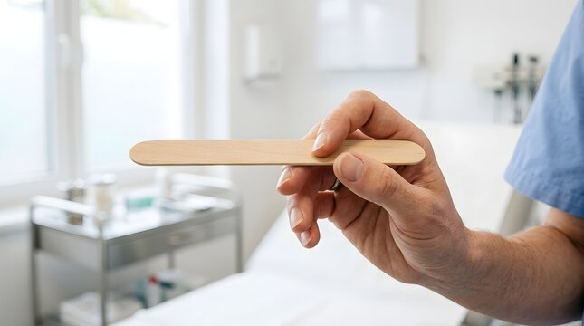 Healthcare professional holding a wooden tongue depressor in a bright modern medical clinic interior