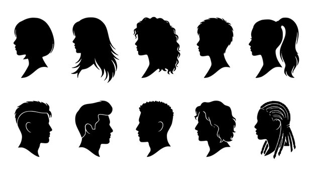 Hairstyle silhouette collection featuring women and men salon haircut barbershop fashion black white vector designs