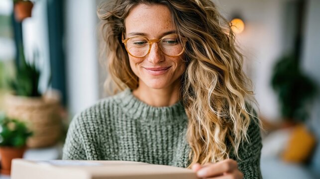 A joyful woman with curly hair and glasses reading a package in a cozy environment, illuminated by natural light creating a warm and inviting atmosphere.