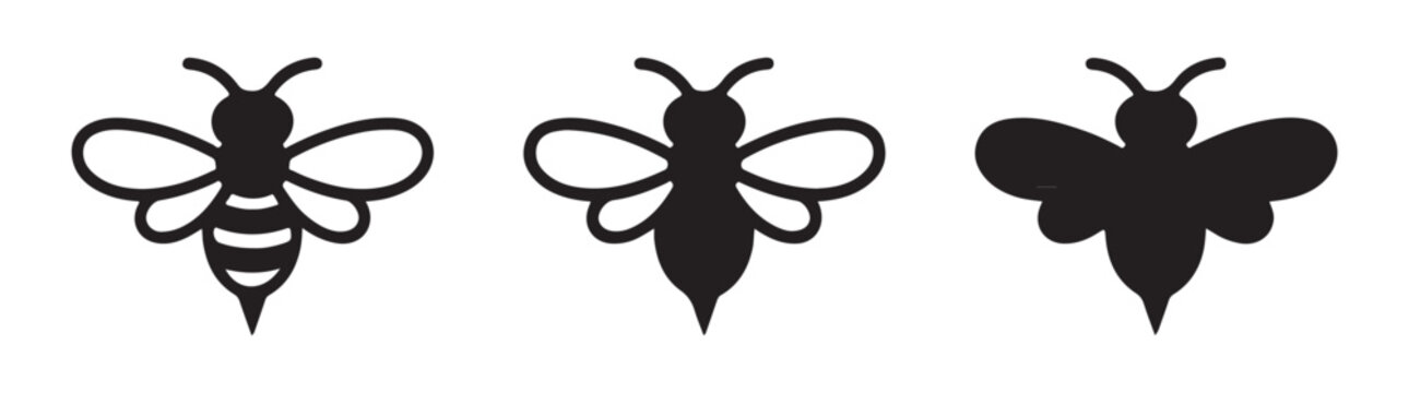 Minimalist black bee icons with simple wings and stripes suitable for logos and garden web designs.