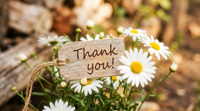 A rustic wooden sign reading thank you surrounded by a vibrant cluster of delicate white daisies in a natural setting