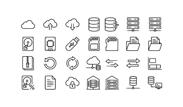 Data Storage Line Icons Set Cloud Database Server Backup and Digital Technology Vector