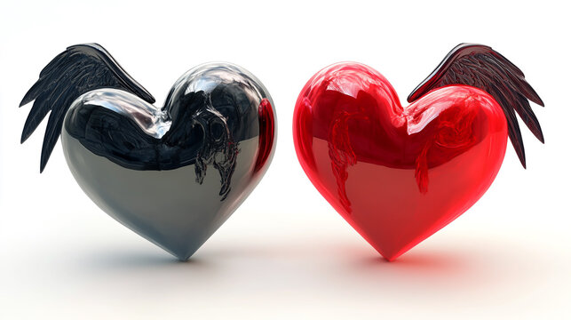 Contrasting black and red hearts with black angel wings symbolizing dual nature black heart good and evil dark romance symbolic art love and hate