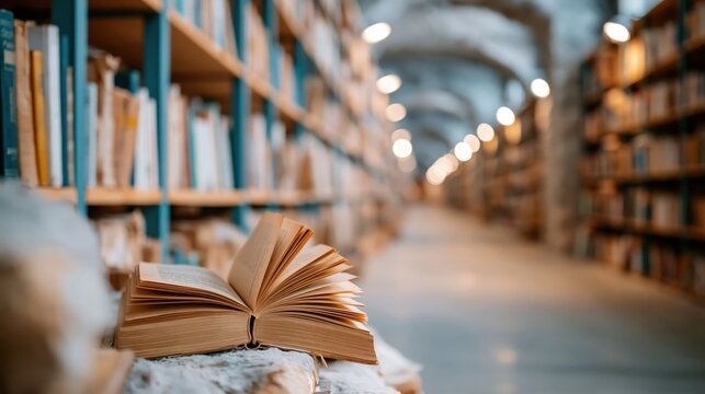 A meticulously organized library featuring an open book, highlighting the beauty of literature and knowledge within a serene and studious environment.