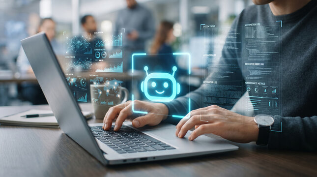 Digital interface with graphs and AI robot icon, representing technology, data analysis, and automation, ideal for tech concepts.