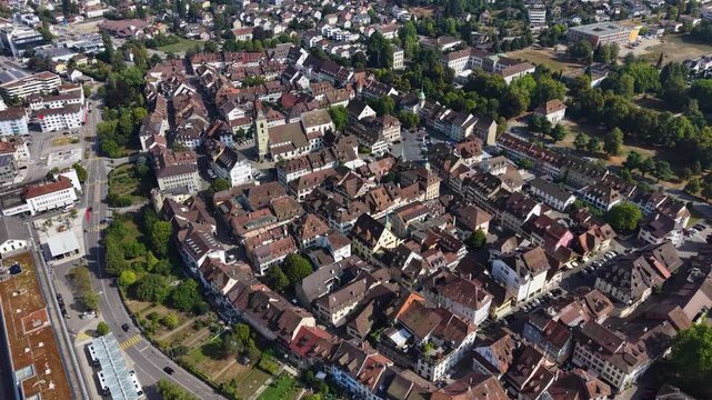 A panoramic aerial view beside the old town of the city Zofingen in Switzerland on a sunny summer noon.