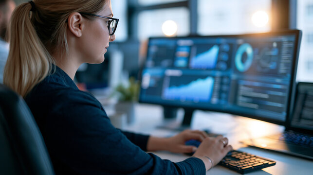 over-the-shoulder view of a security analyst implementing a risk management system on a bright office screen, clean organized workstation, cybersecurity protection concept,